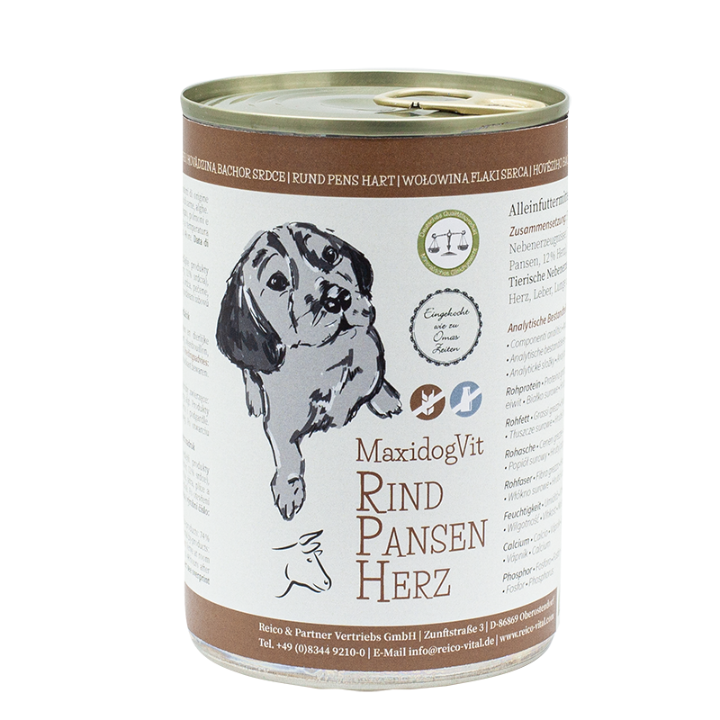 Mokra karma dla psów Reico MaxidogVit Rind Pansen Herz (wołowina flaki serca) 400 g.