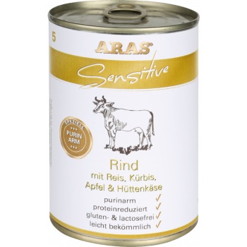 Aras Sensitive 5 - wołowina z ryżem, dynią, jabłkiem i twarożkiem (niska zawartość puryn) 410 g